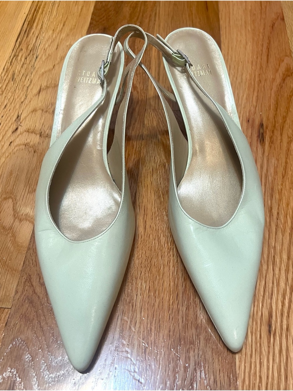 Stuart Weitzman Pale Mint Pointed Slingback Mules.